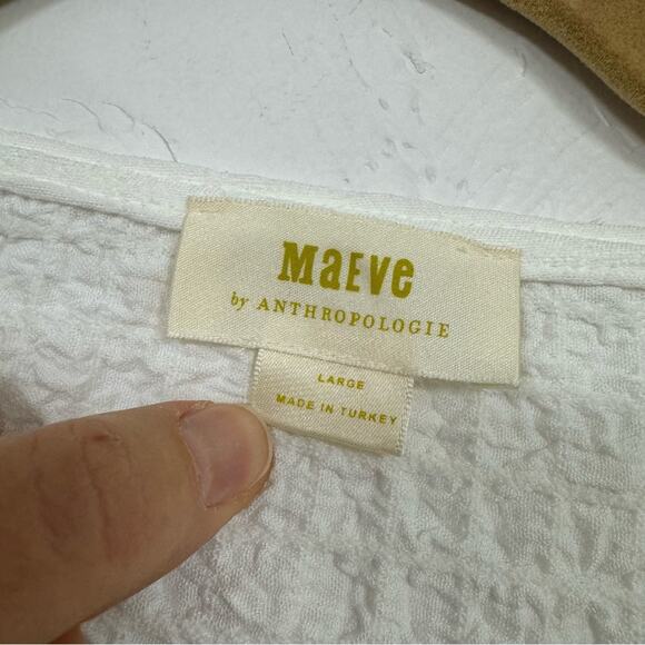 Anthropologie Maeve White Puff Sleeve Boho Blouse Womens L Peasant Crepe Shirt - Picture 7 of 9